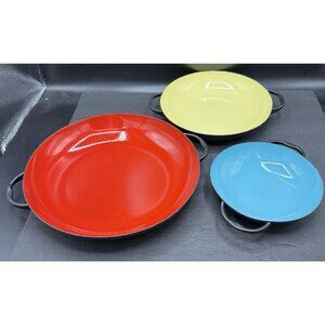 Vintage Retro Paella Pan Skillet Enameled Cast Red Yellow Blue Set of 3